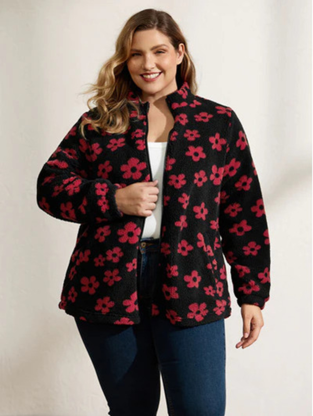 BloomChic Plus Size Floral Fleece Jacket - Red & Black, Size 22-24